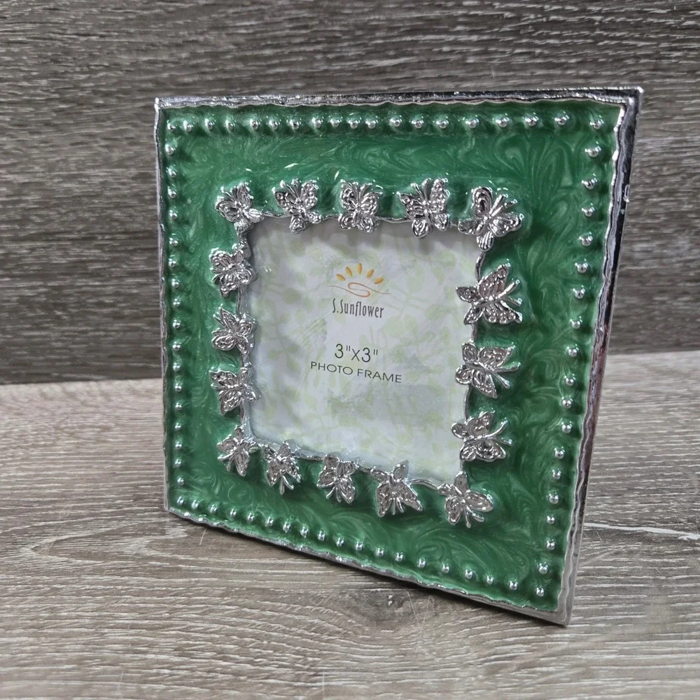 S Sunflower Green Enamel Butterfly Metal Small Square Picture Frame 3x3